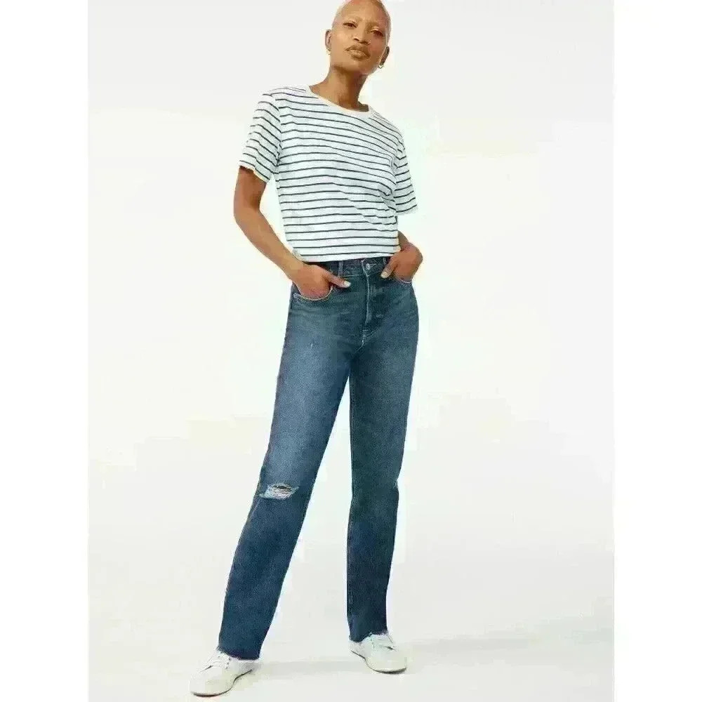 Womens Free Assembly Super High Rise Straight Jeans Cropped Hem Blue - Picture 5 of 9